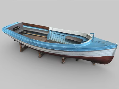 Traditional Wooden Boat with Blue Brown Hull Classic Design and Wooden Seats on Stands 3d model