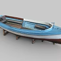 Traditional Wooden Boat with Blue Brown Hull Classic Design and Wooden Seats on Stands