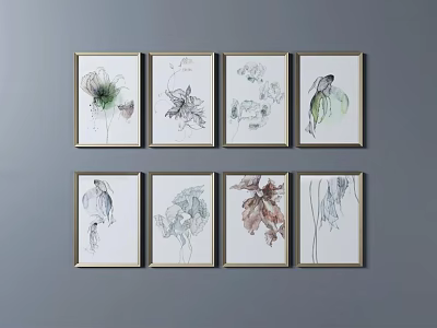 Set Of Eight Artistic Botanical Paintings With Golden Frames Hanging On Wall 3d model