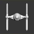 Transparent TIE Fighter Model with Symmetrical Wings and Spherical Cockpit on Dark Reflective Background