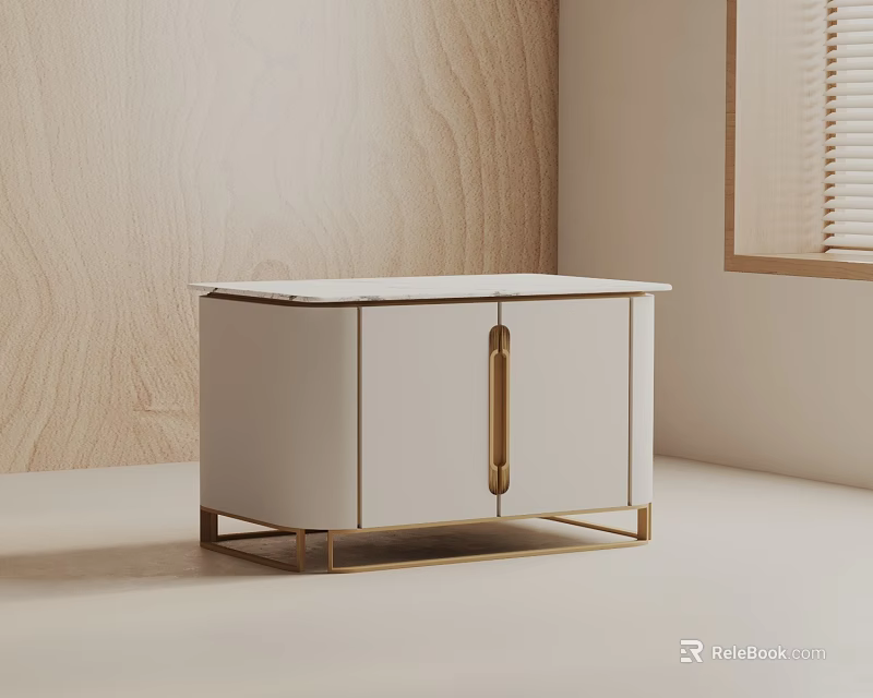 Modern Side Table With Marble Top White Cabinet Gold Metal Handles And Frame 3d model 
