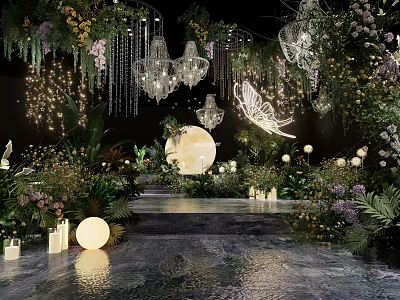 Enchanting Stage Decor With Crystal Chandeliers Greenery Flowers Moon And Water Reflection 3d model