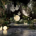 Enchanting Stage Decor With Crystal Chandeliers Greenery Flowers Moon And Water Reflection