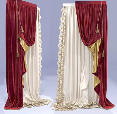 Elegant Crimson and White Curtains With Gold Accents and Delicate Lace Trim 3d model