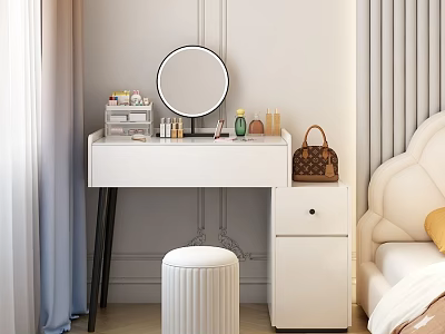 White Vanity Table With Round Mirror Cosmetics Skincare And Brown Handbag 3d model