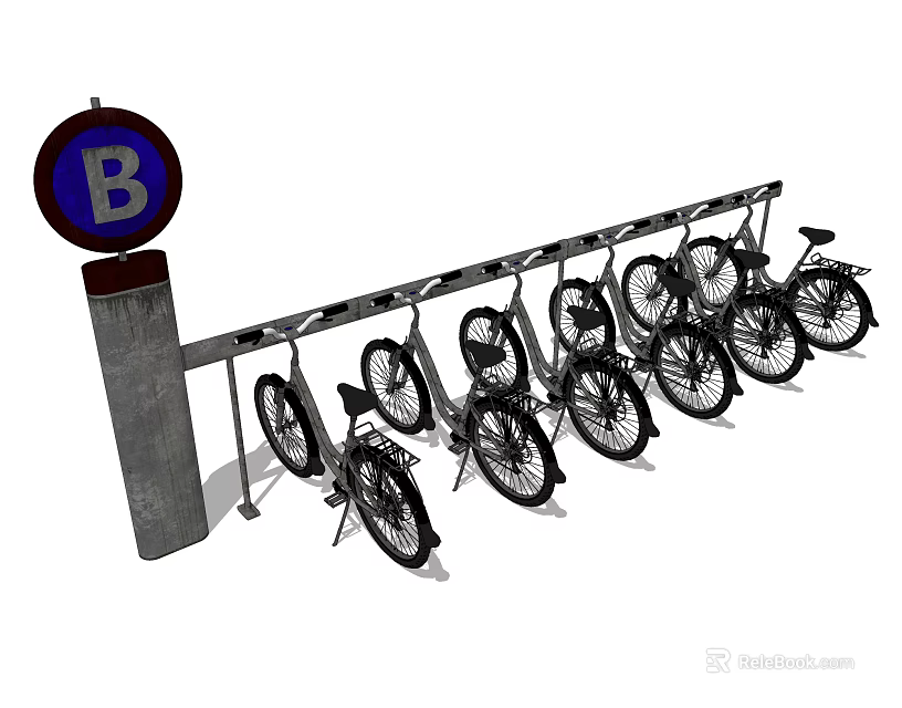 Outdoor Bicycle Parking Rack with Neatly Parked Bikes and Circular B Sign 3d model 