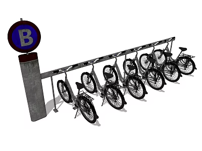 Outdoor Bicycle Parking Rack with Neatly Parked Bikes and Circular B Sign 3d model
