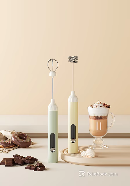 Handheld Electric Mixers in Light Green Cream Yellow with Coffee Drink Donuts for Froth Making 3d model 