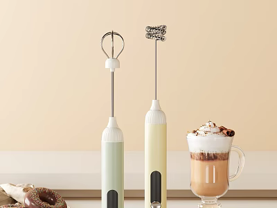 Handheld Electric Mixers in Light Green Cream Yellow with Coffee Drink Donuts for Froth Making 3d model