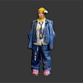 Game Movie Character With Yellow Hood Blue Jacket White Shirt Tie Blue Pants Pink Shoes