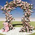 Floral Art Decoration Featuring Pink Roses Arch Green Vines And Teddy Bear On White Brick