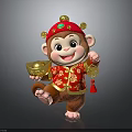 Cute Cartoon Monkey Wearing Red Traditional Costume With Golden Hat Gold Ingot And Chinese Knot