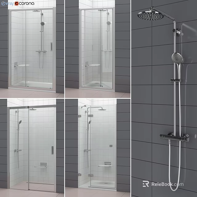 Modern Shower Sauna Interior Design With Grey Tiles Glass Door And Shower System 3d model 
