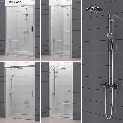 Modern Shower Sauna Interior Design With Grey Tiles Glass Door And Shower System 3d model