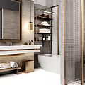 Elegant Modern Hotel Bathroom Interior Design With Large Mirror Marble Countertop And Freestanding Bathtub