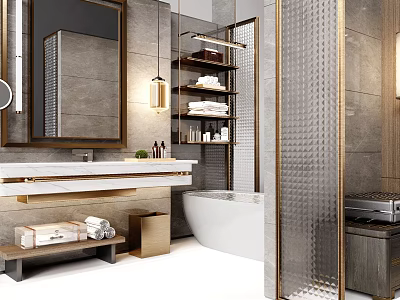 Elegant Modern Hotel Bathroom Interior Design With Large Mirror Marble Countertop And Freestanding Bathtub 3d model