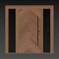 Modern Hinged Door With Wooden Herringbone Pattern And Glass Panels