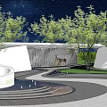 Modern Curved Scenic Wall Design In Open Landscape With Lush Greenery And Water Features