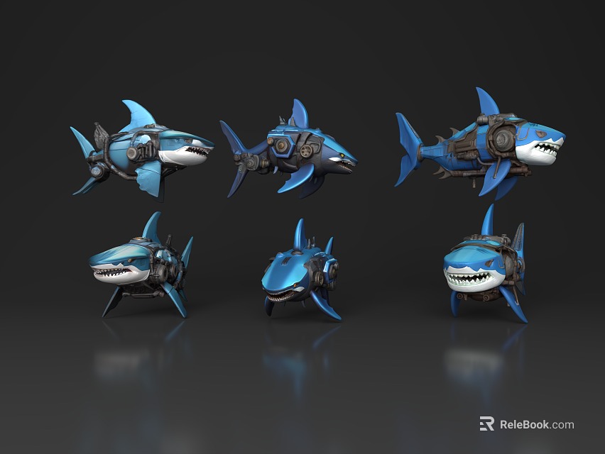 Detailed Blue Mechanical Shark Models With Robotic Parts And Various Designs 3d model 