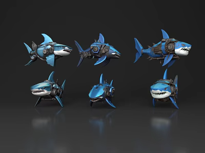 Detailed Blue Mechanical Shark Models With Robotic Parts And Various Designs 3d model