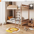 Wooden Bunk Bed In Kids Room With Ladder Mattress Side Cabinet Toys And Rug