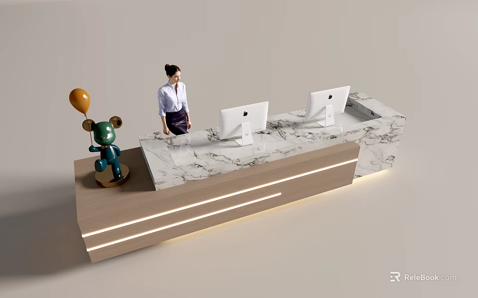 Modern Reception Desk Featuring Marble Countertop Computer Monitors Receptionist and Decorative Items 3d model 