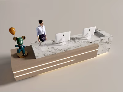 Modern Reception Desk Featuring Marble Countertop Computer Monitors Receptionist and Decorative Items 3d model