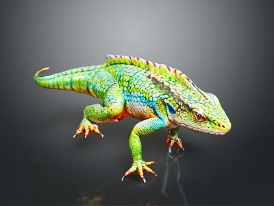 Colorful Green Lizard with Vibrant Scales and Red Back Standing on Dark Background 3d model