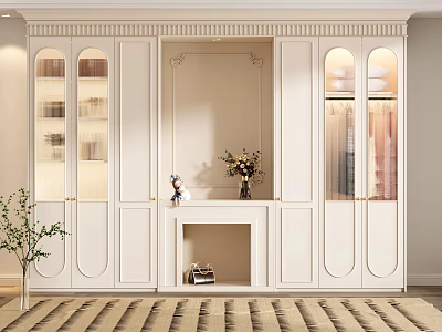 Elegant White Wardrobe Design With Glass Doors Display Shelves And Decorative Trim 3d model
