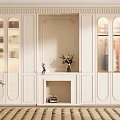 Elegant White Wardrobe Design With Glass Doors Display Shelves And Decorative Trim