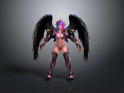 Stylish Woman With Black Wings Colorful Hair And Ornate Armored Outfit 3d model