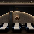 Serene SPA Sauna Interior With Blue White Loungers Woven Wall Recessed Lighting And Ceiling Spotlights