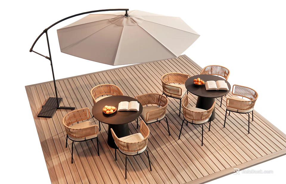 Outdoor Table with Wicker Chairs and Umbrella on Wooden Deck with Fruits and Books 3d model 