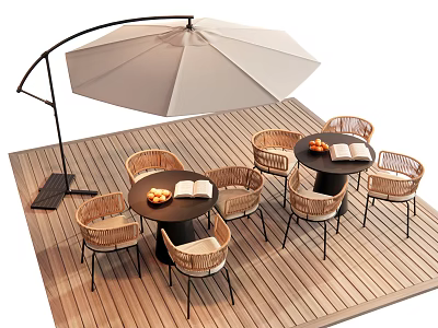 Outdoor Table with Wicker Chairs and Umbrella on Wooden Deck with Fruits and Books 3d model