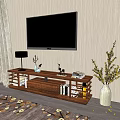 Modern Wooden TV Stand With TV Vase Decorations Table Lamp Books And Curtain