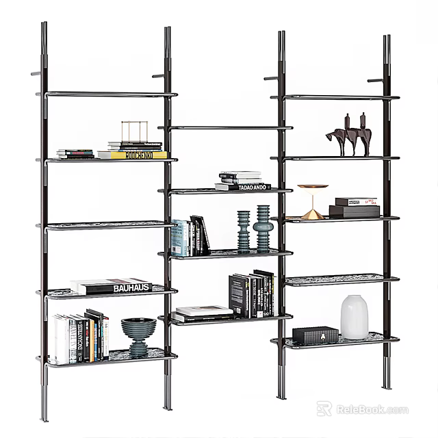 Sleek Modern Bookcase Design With Multi Tiered Shelves Books And Decorative Items 3d model 