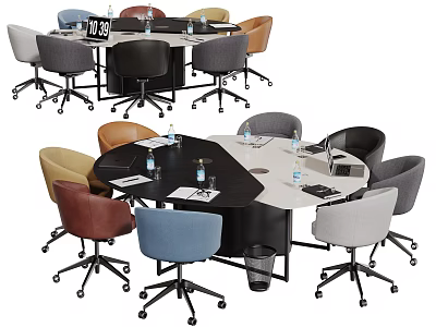 Modern Conference Table Setup With Multicolor Office Chairs Water Bottles And Documents 3d model