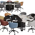 Modern Conference Table Setup With Multicolor Office Chairs Water Bottles And Documents