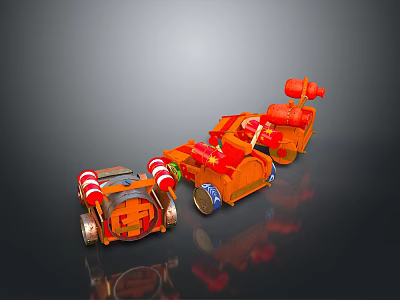 Colorful Orange Toy Cars With Striped Wheels And Decorative Top Parts 3d model