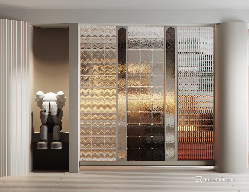 Modern Interior Glass Room Divider With Textured Patterns And Decorative Sculpture 3d model