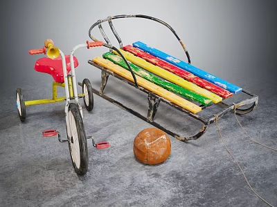 Children's Playful Toys With Tricycle Colorful Sled And Brown Ball 3d model