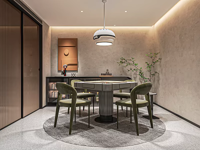 Hotel Mahjong Room Interior Design With Round Table Green Chairs Pendant Light and Potted Plant 3d model
