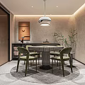 Hotel Mahjong Room Interior Design With Round Table Green Chairs Pendant Light and Potted Plant
