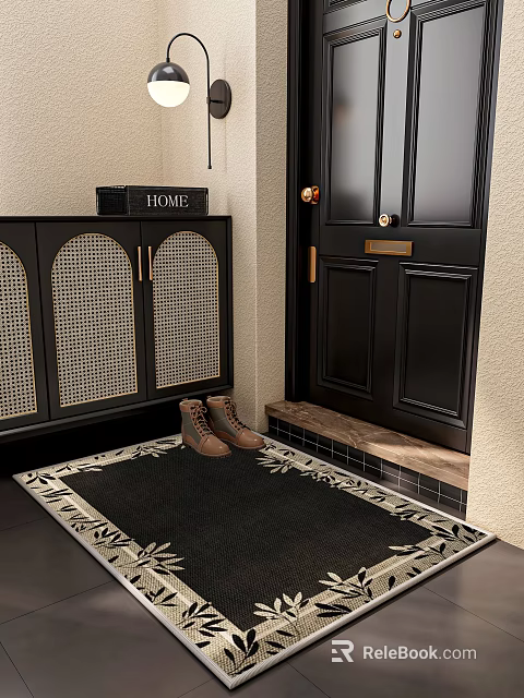 Black Hinged Door in Entryway with Wicker Cabinet Doormat and Brown Boots 3d model 