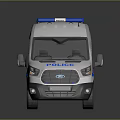 White Police Van With Blue Yellow Stripes And Emergency Lights