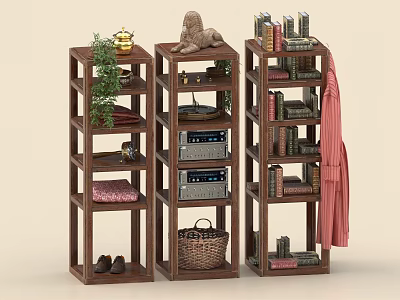 Wooden Multi Tiered Bookshelf Featuring Books Decorations Plants And Storage Baskets 3d model