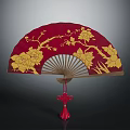 Traditional Red Hand Fan Featuring Golden Floral Patterns And Tassel Ornament