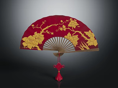 Traditional Red Hand Fan Featuring Golden Floral Patterns And Tassel Ornament 3d model
