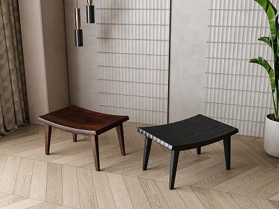 Two Stylish Stools in Modern Interior with Grid Wall Wooden Floor and Plant 3d model