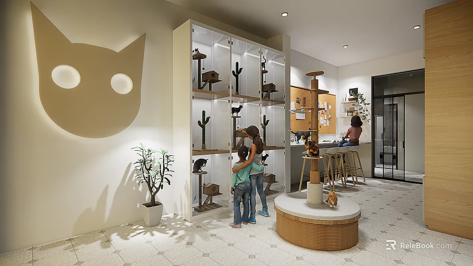 Cat Themed Mall Shop Featuring Display Shelves With Cat Trees Customers And Cat Face Decoration 3d model 